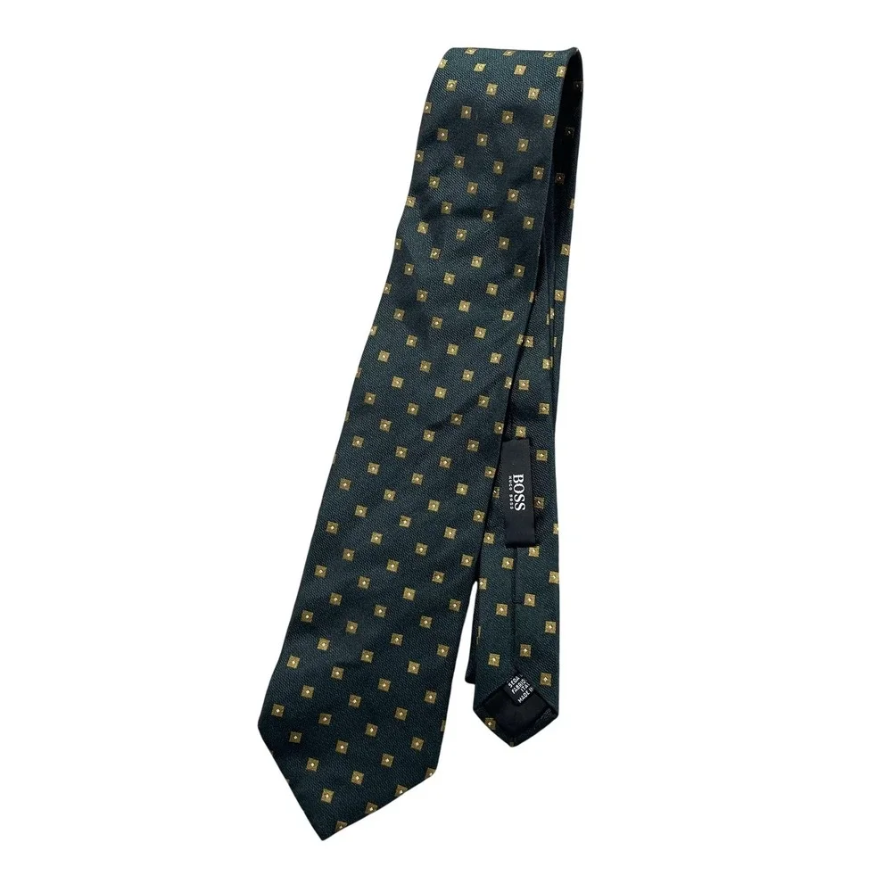 BOSS Hugo Boss Tie Mens One Size Green Geometric Woven Silk Necktie Italy